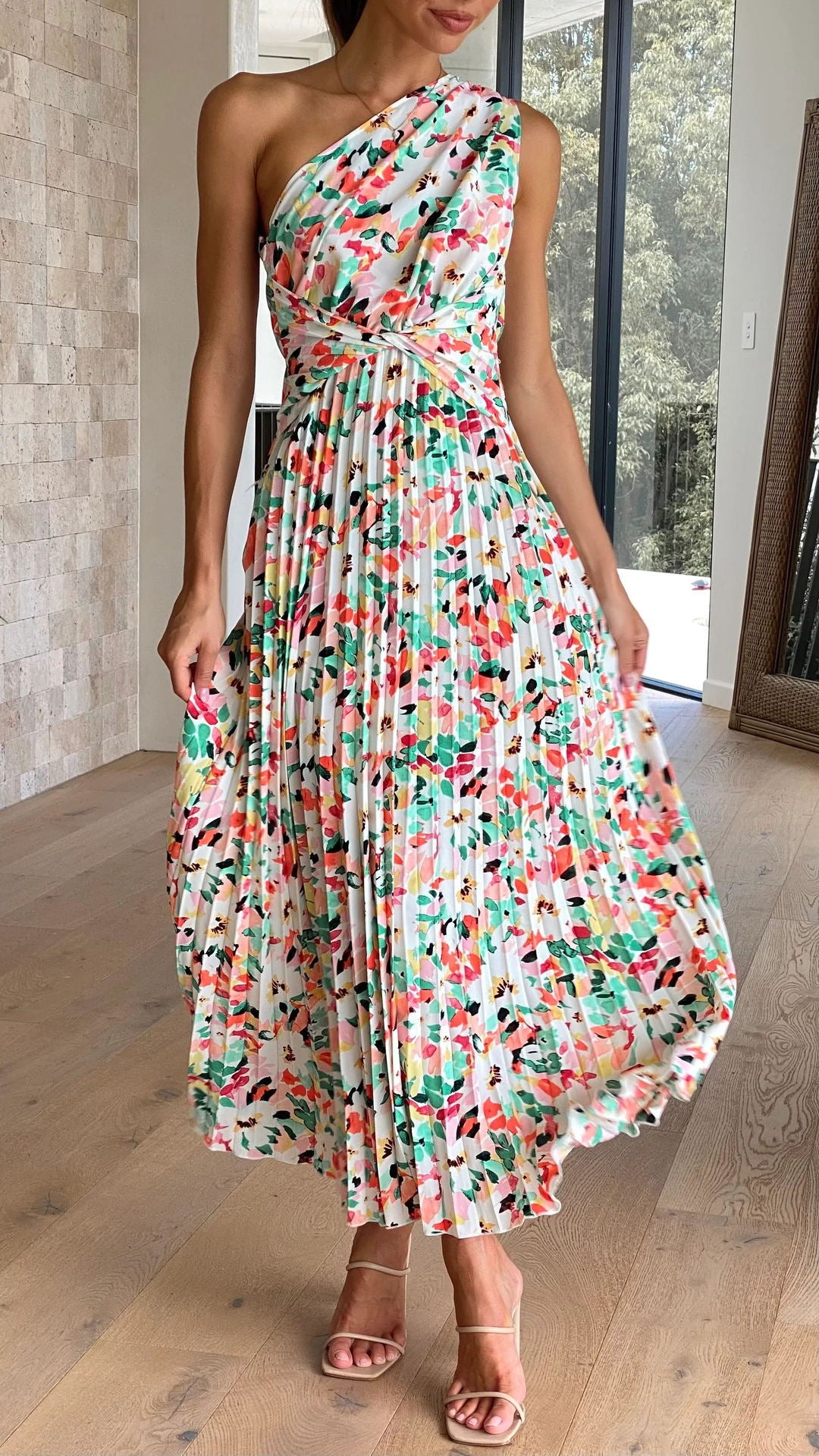 White & Pink Abstract Printed Accordion Pleated Fit & Flare Dress
