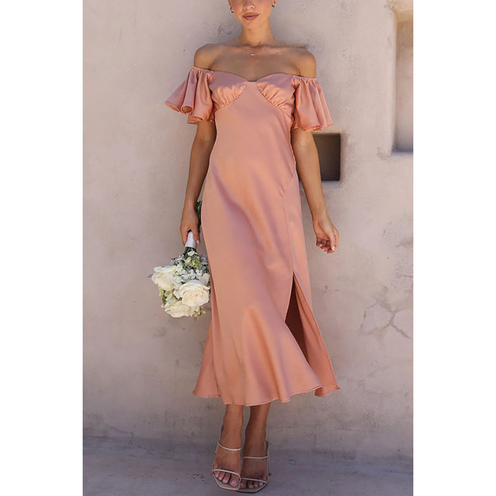 Pink Off-Shoulder Flutter Sleeves A-Line Midi Dress