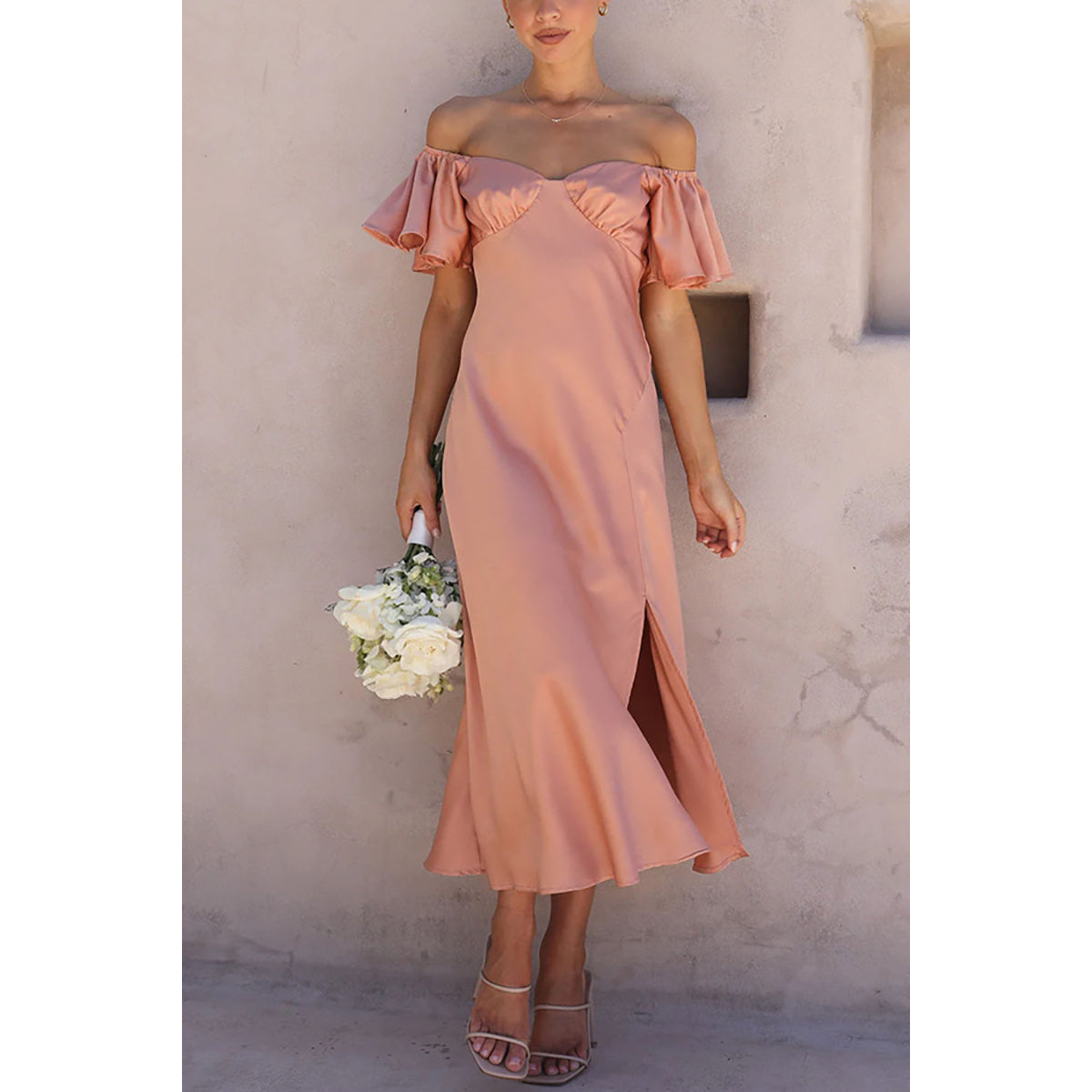 Pink Off-Shoulder Flutter Sleeves A-Line Midi Dress