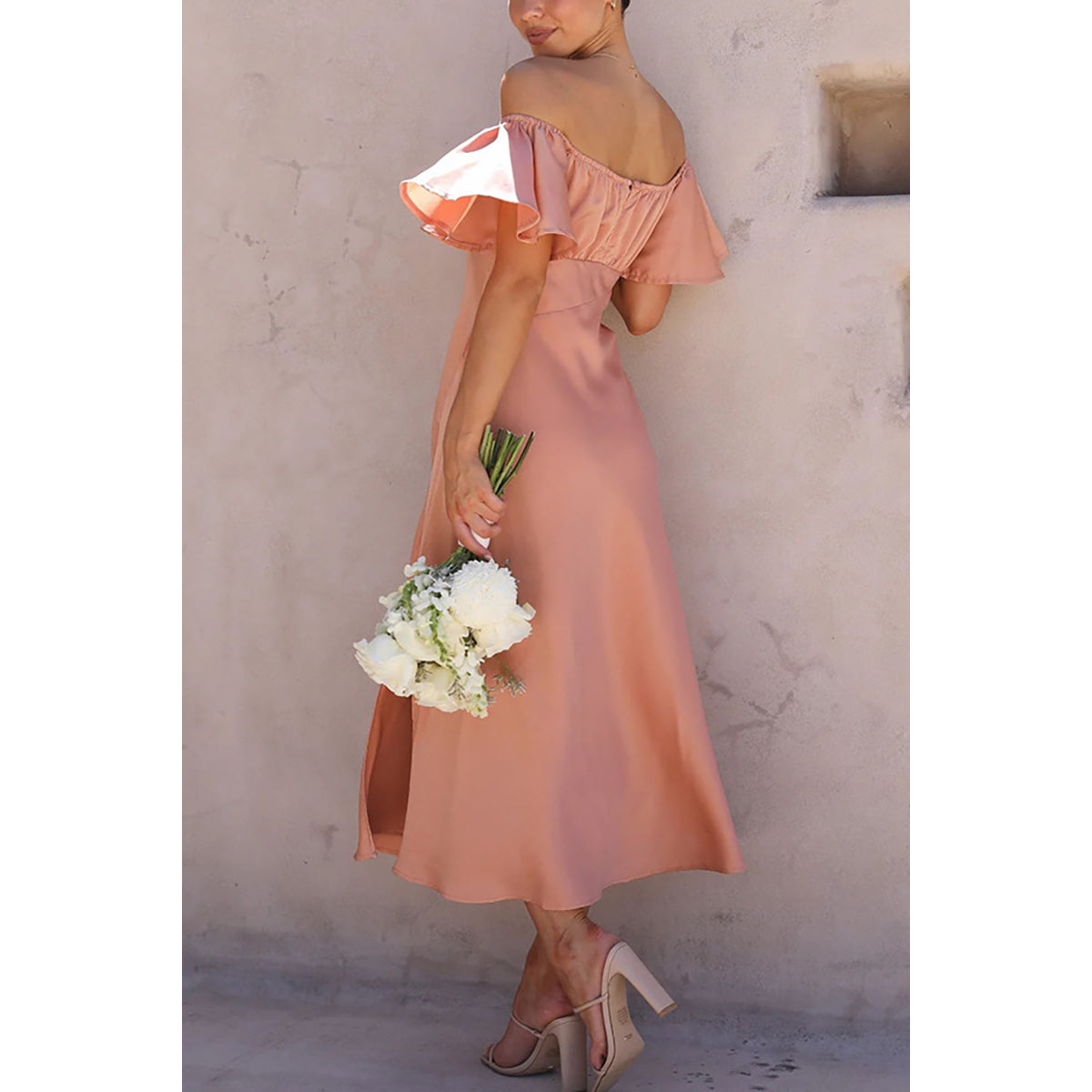 Pink Off-Shoulder Flutter Sleeves A-Line Midi Dress