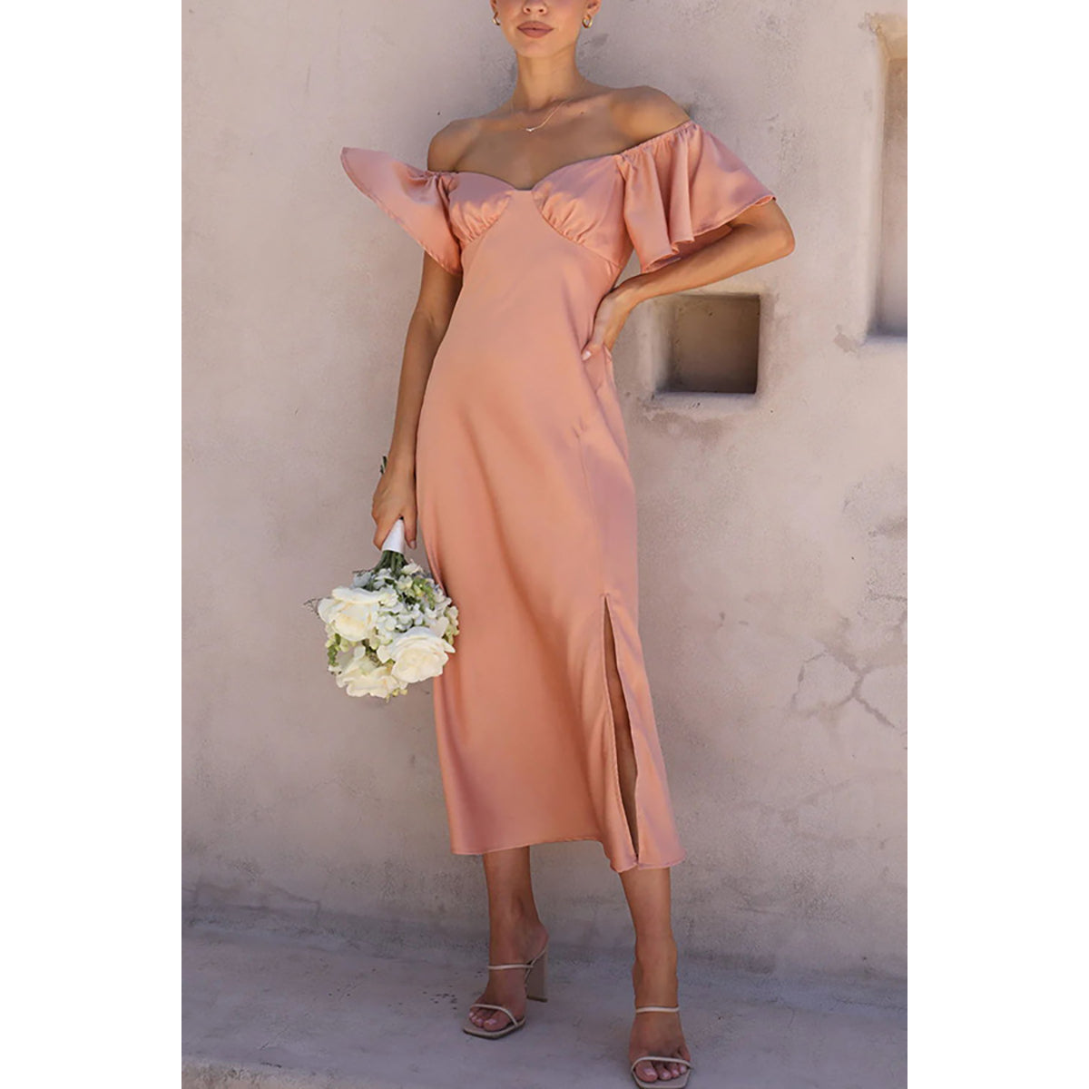 Pink Off-Shoulder Flutter Sleeves A-Line Midi Dress