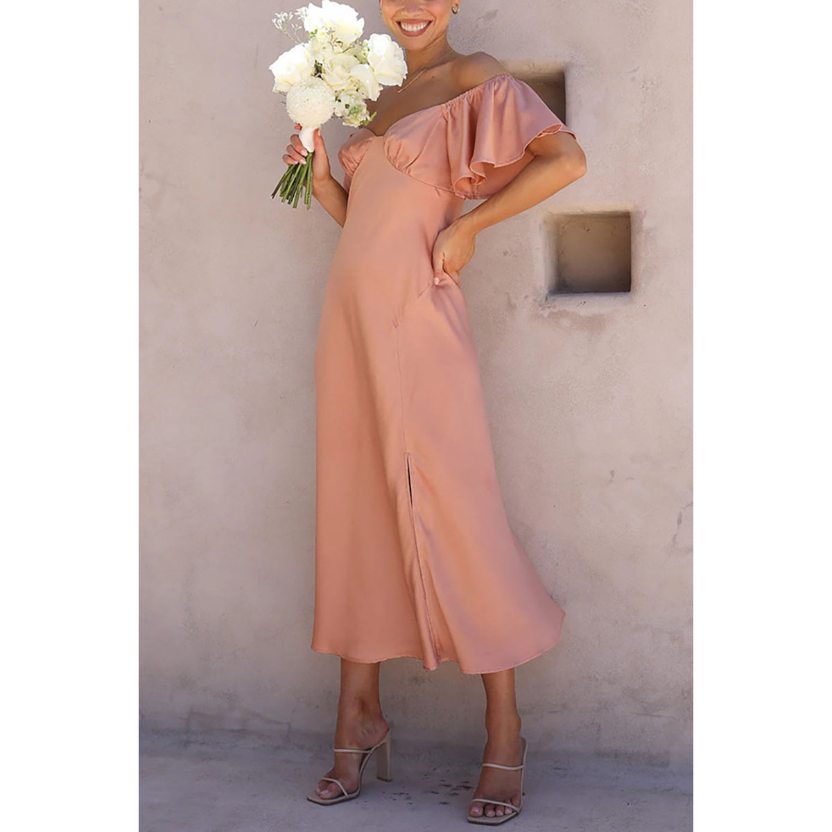 Pink Off-Shoulder Flutter Sleeves A-Line Midi Dress