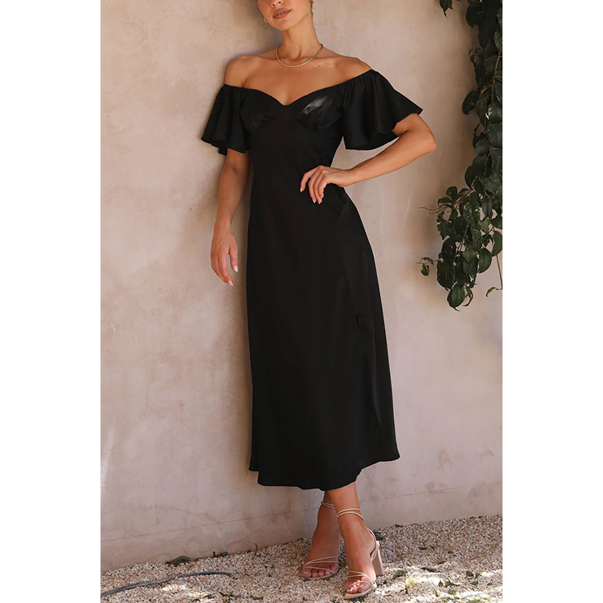 Off-Shoulder Flared Sleeve A-Line Midi Dress
