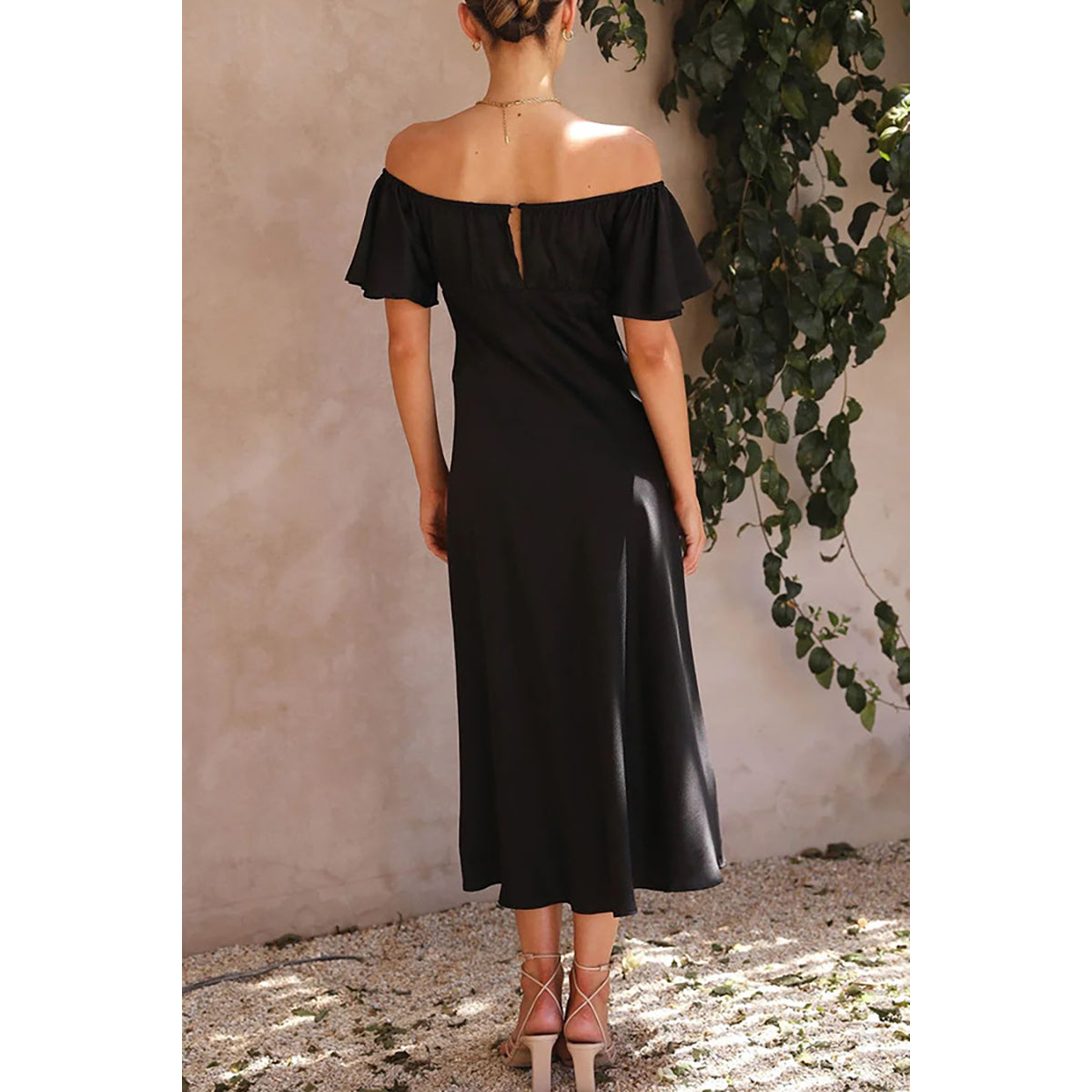Off-Shoulder Flared Sleeve A-Line Midi Dress