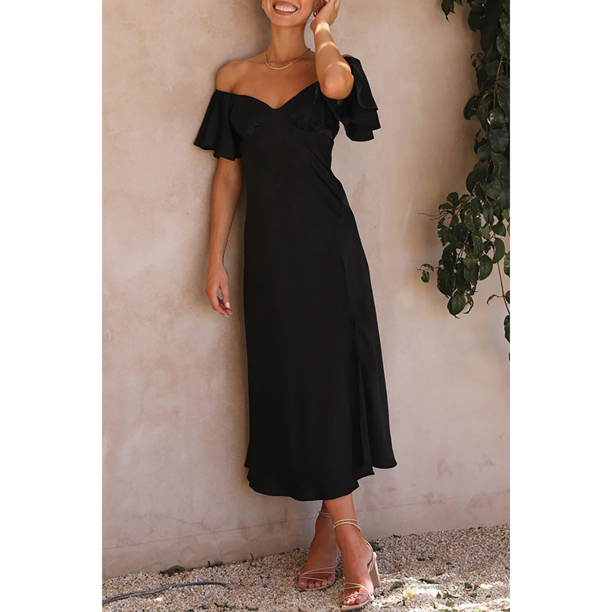 Off-Shoulder Flared Sleeve A-Line Midi Dress