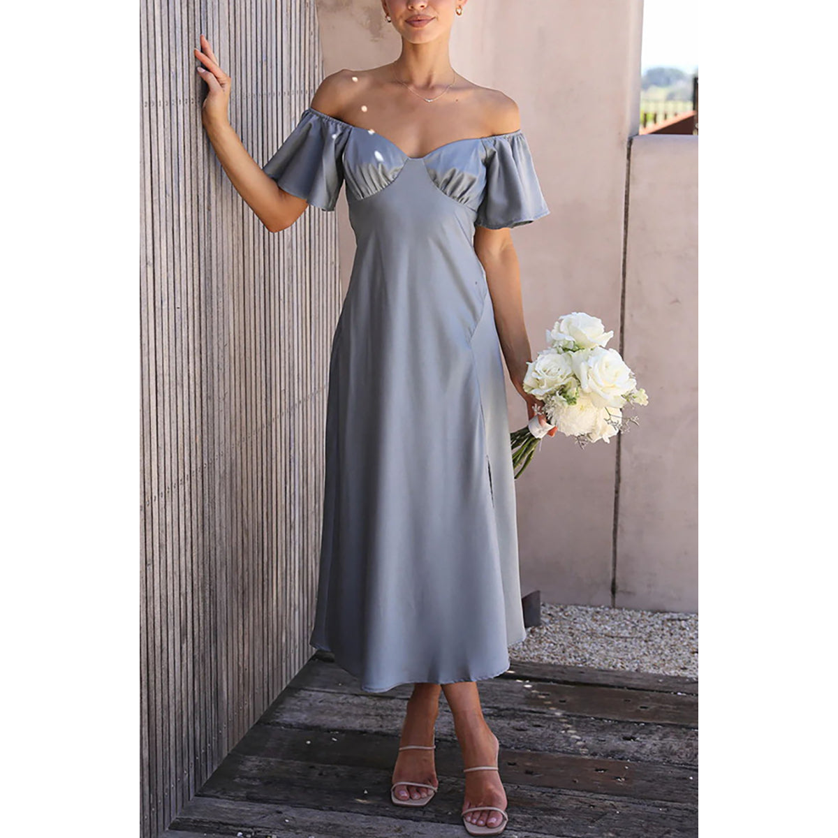 Blue Off-Shoulder Flutter Sleeve A-Line Midi Dress