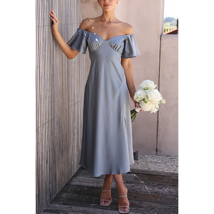 Blue Off-Shoulder Flutter Sleeve A-Line Midi Dress