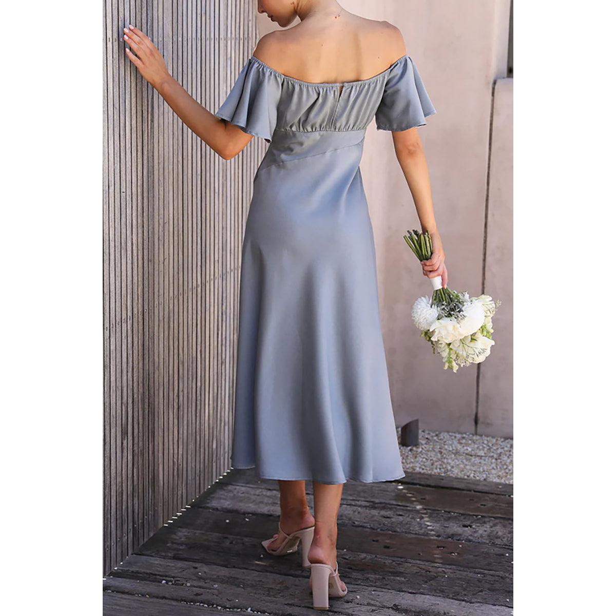 Blue Off-Shoulder Flutter Sleeve A-Line Midi Dress