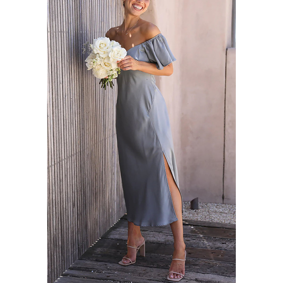 Blue Off-Shoulder Flutter Sleeve A-Line Midi Dress