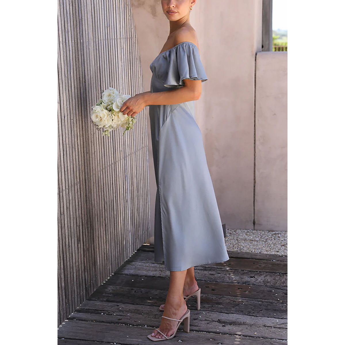 Blue Off-Shoulder Flutter Sleeve A-Line Midi Dress