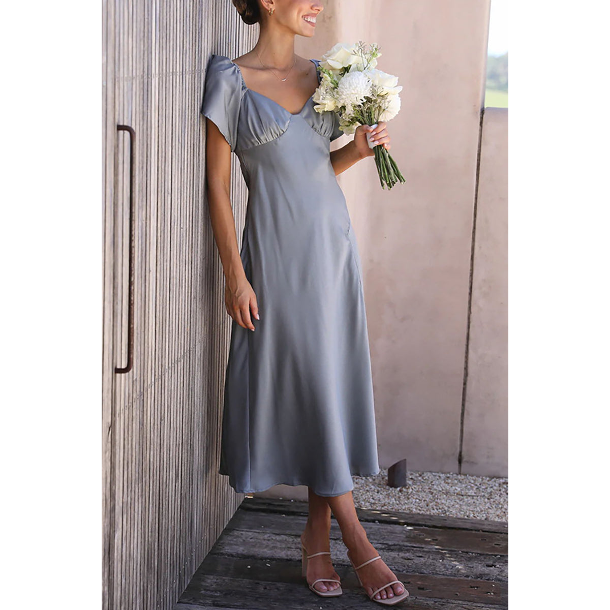 Blue Off-Shoulder Flutter Sleeve A-Line Midi Dress