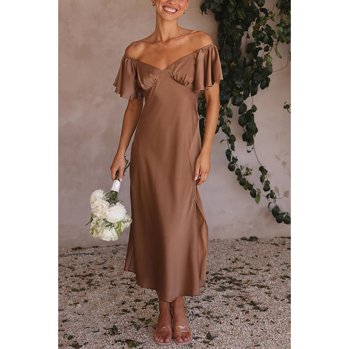 Brown Solid Cotton Off-Shoulder Flutter Sleeve A-Line Sheen Dress