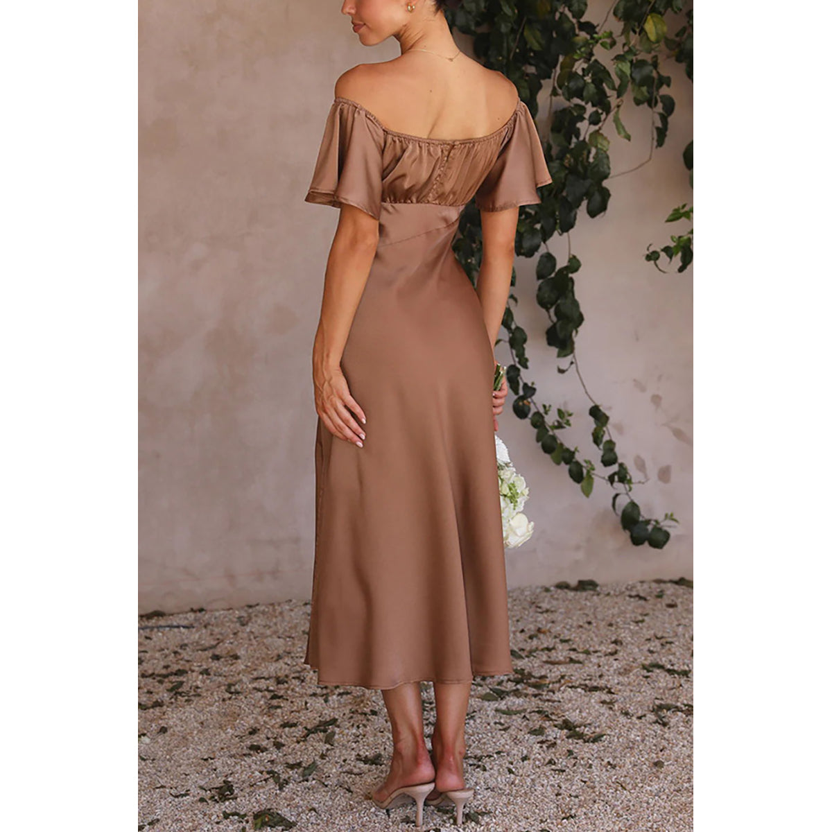 Brown Solid Cotton Off-Shoulder Flutter Sleeve A-Line Sheen Dress
