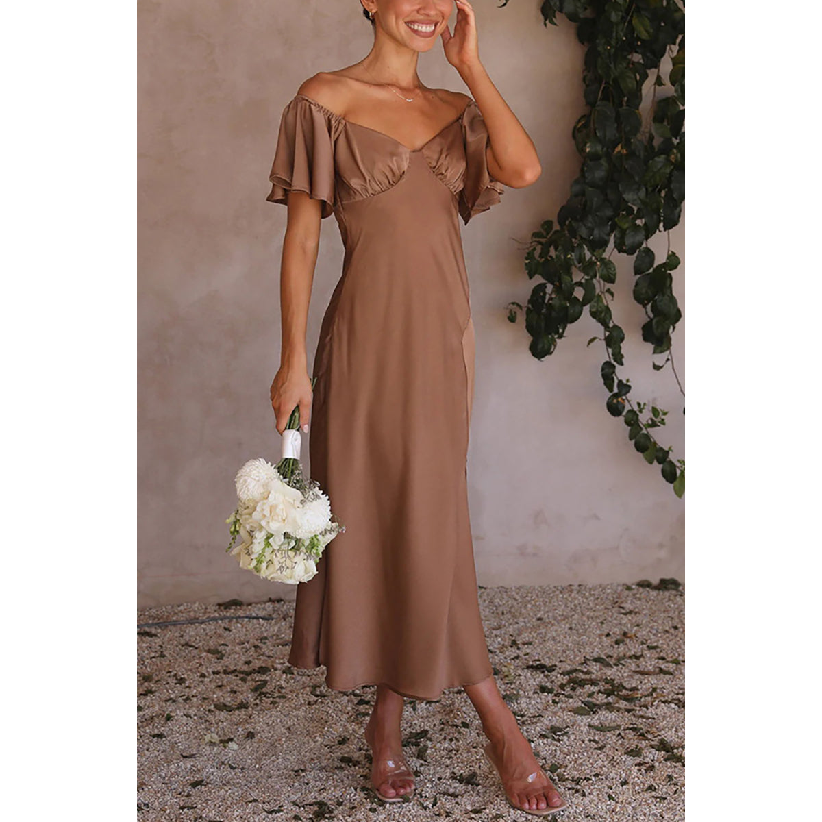 Brown Solid Cotton Off-Shoulder Flutter Sleeve A-Line Sheen Dress