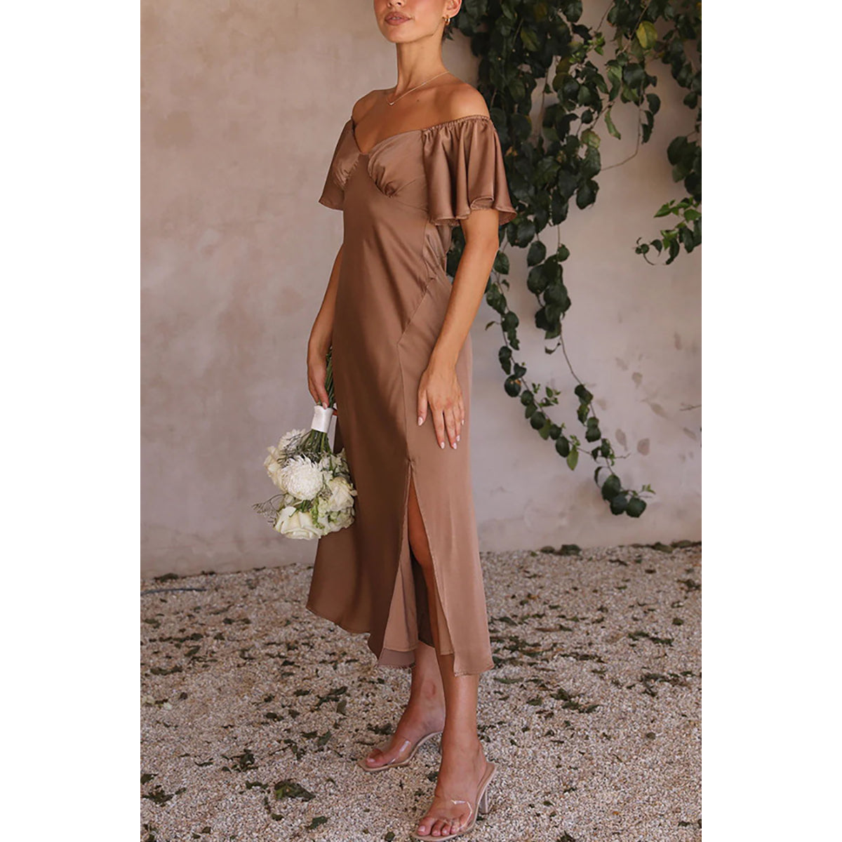 Brown Solid Cotton Off-Shoulder Flutter Sleeve A-Line Sheen Dress