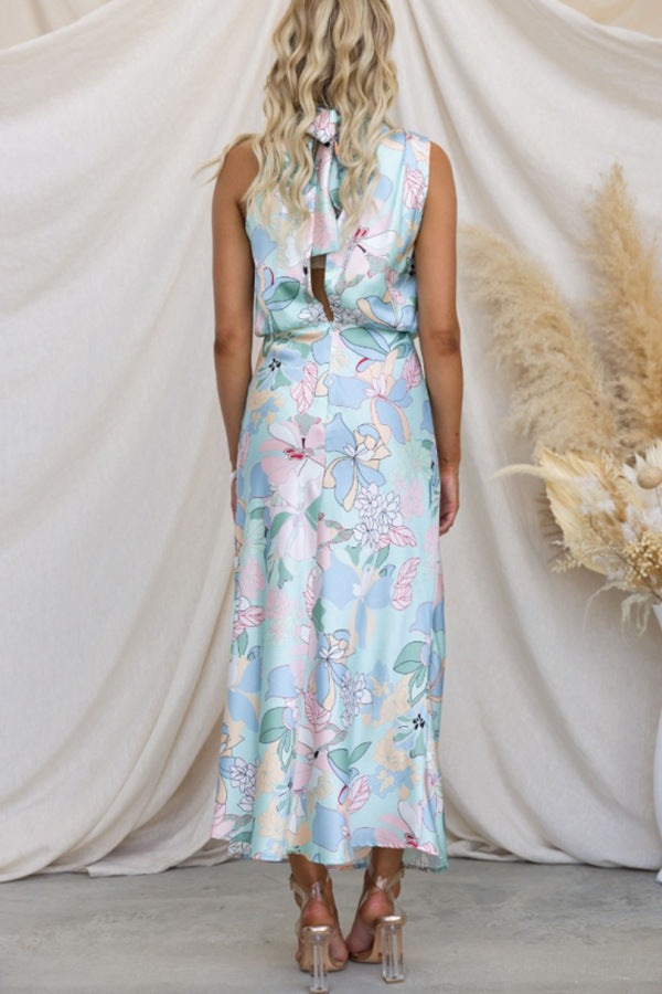 Turquoise Blue & Pink Colour Floral Printed Halter Neck Blouson Dress