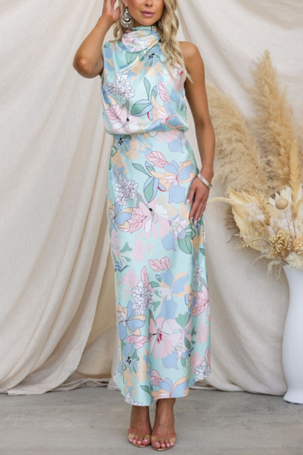 Turquoise Blue & Pink Colour Floral Printed Halter Neck Blouson Dress