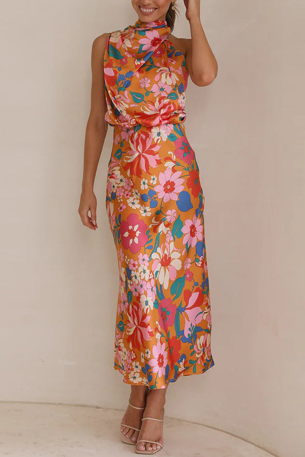 Orange Floral Printed Cowl Neck Blouson Midi Dress