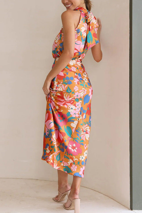 Orange Floral Printed Cowl Neck Blouson Midi Dress