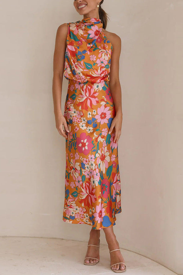 Orange Floral Printed Cowl Neck Blouson Midi Dress