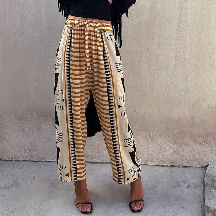 Women Cream-Coloured Geometric Loose Fit High-Rise Trousers