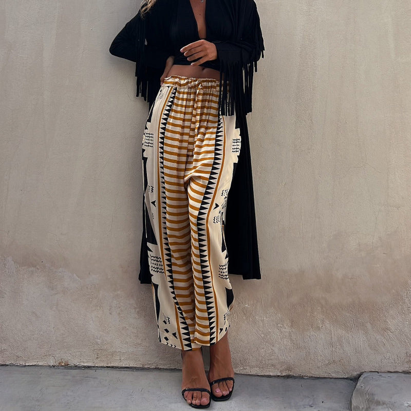 Women Cream-Coloured Geometric Loose Fit High-Rise Trousers
