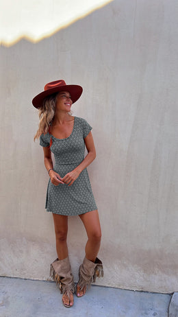 Grey Geometric Printed A-Line Dress