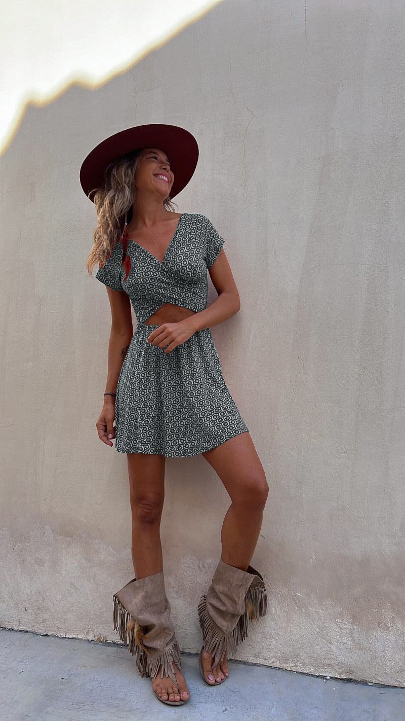 Grey Geometric Printed A-Line Dress