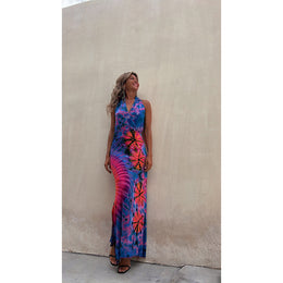 Blue & Pink Tie & Dye Print Wrap Maxi Dress