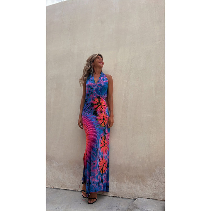 Blue & Pink Tie & Dye Print Wrap Maxi Dress