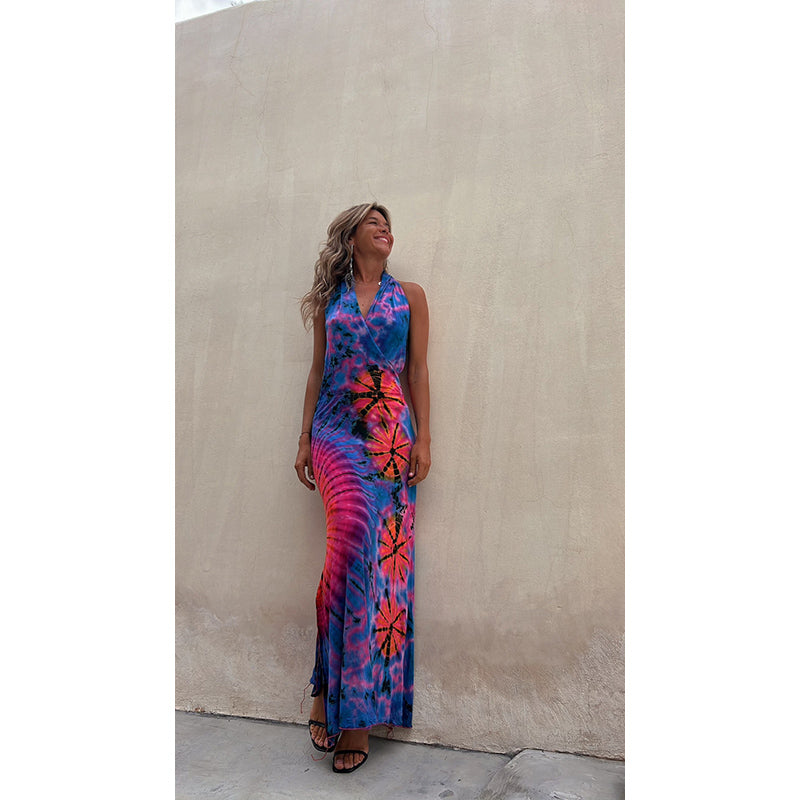 Blue & Pink Tie & Dye Print Wrap Maxi Dress