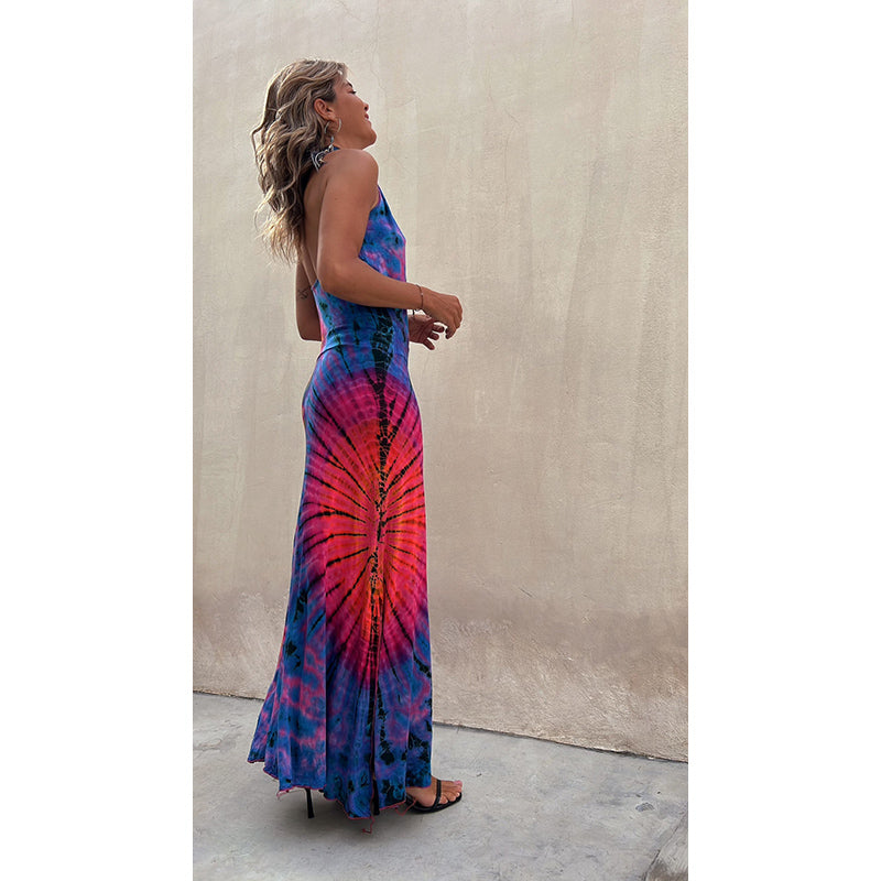 Blue & Pink Tie & Dye Print Wrap Maxi Dress