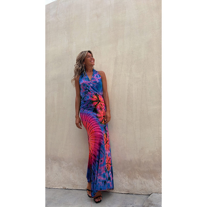 Blue & Pink Tie & Dye Print Wrap Maxi Dress
