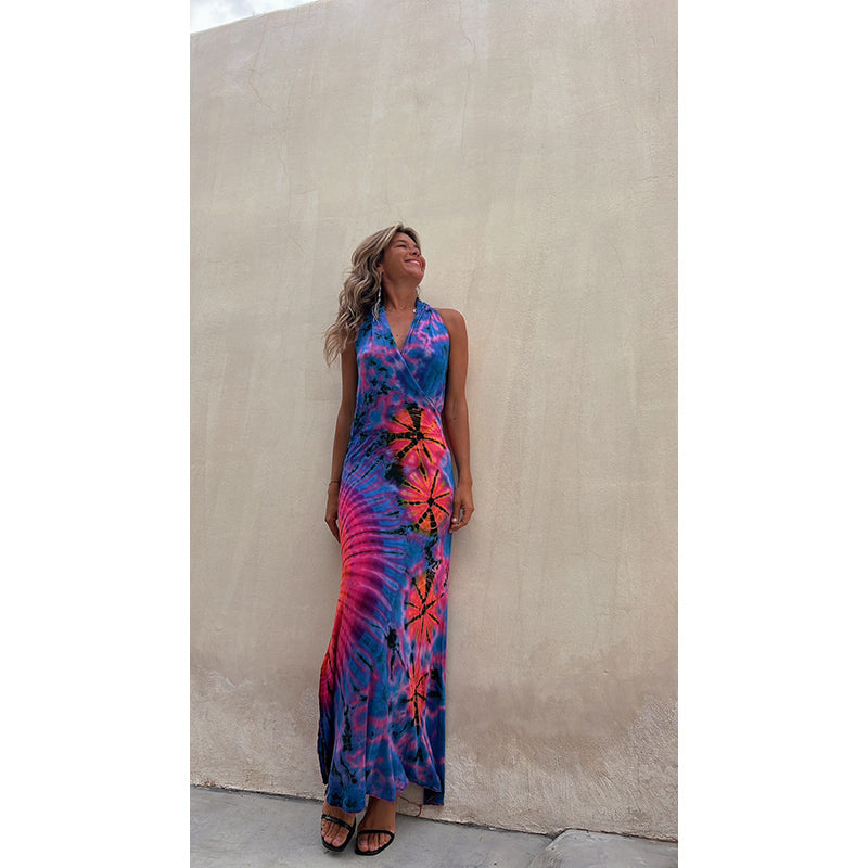 Blue & Pink Tie & Dye Print Wrap Maxi Dress