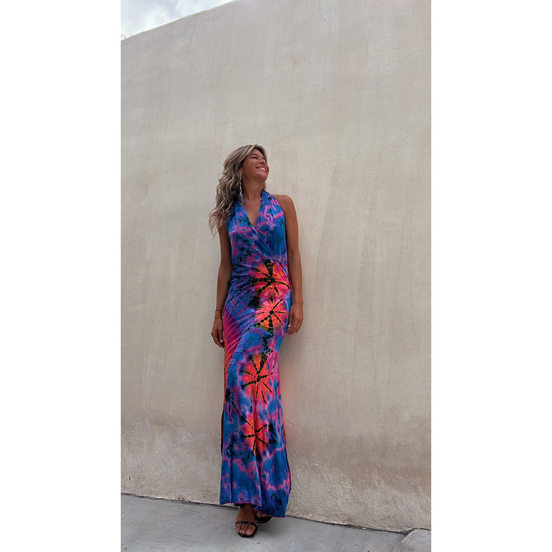Blue & Pink Tie & Dye Print Wrap Maxi Dress