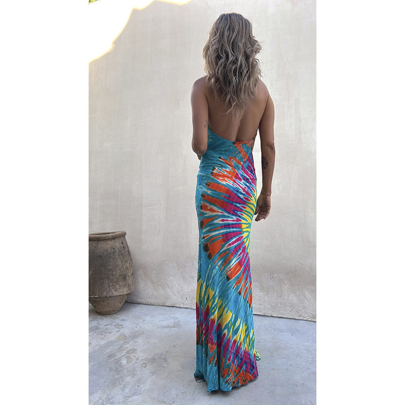 Halter Neck Tie And Dye Maxi Straight Holi Dress