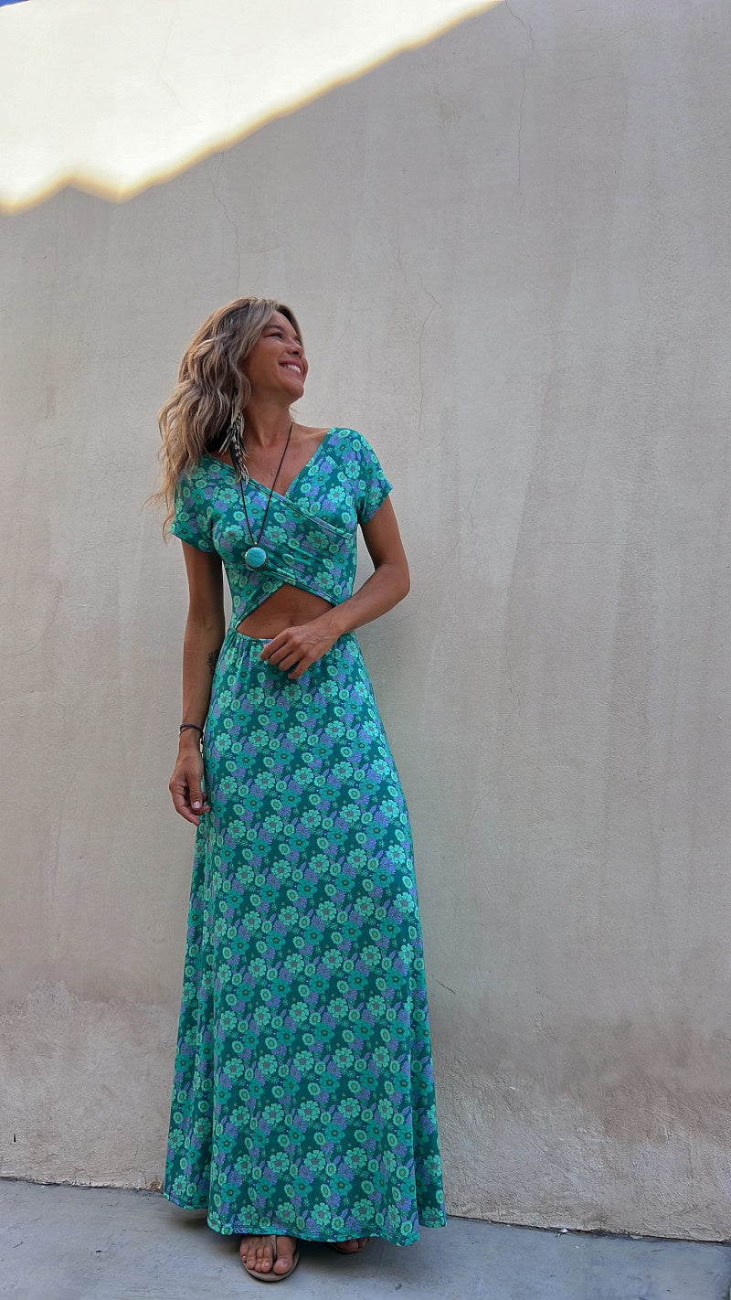 Blue Floral Printed Cut-Outs Maxi Dress