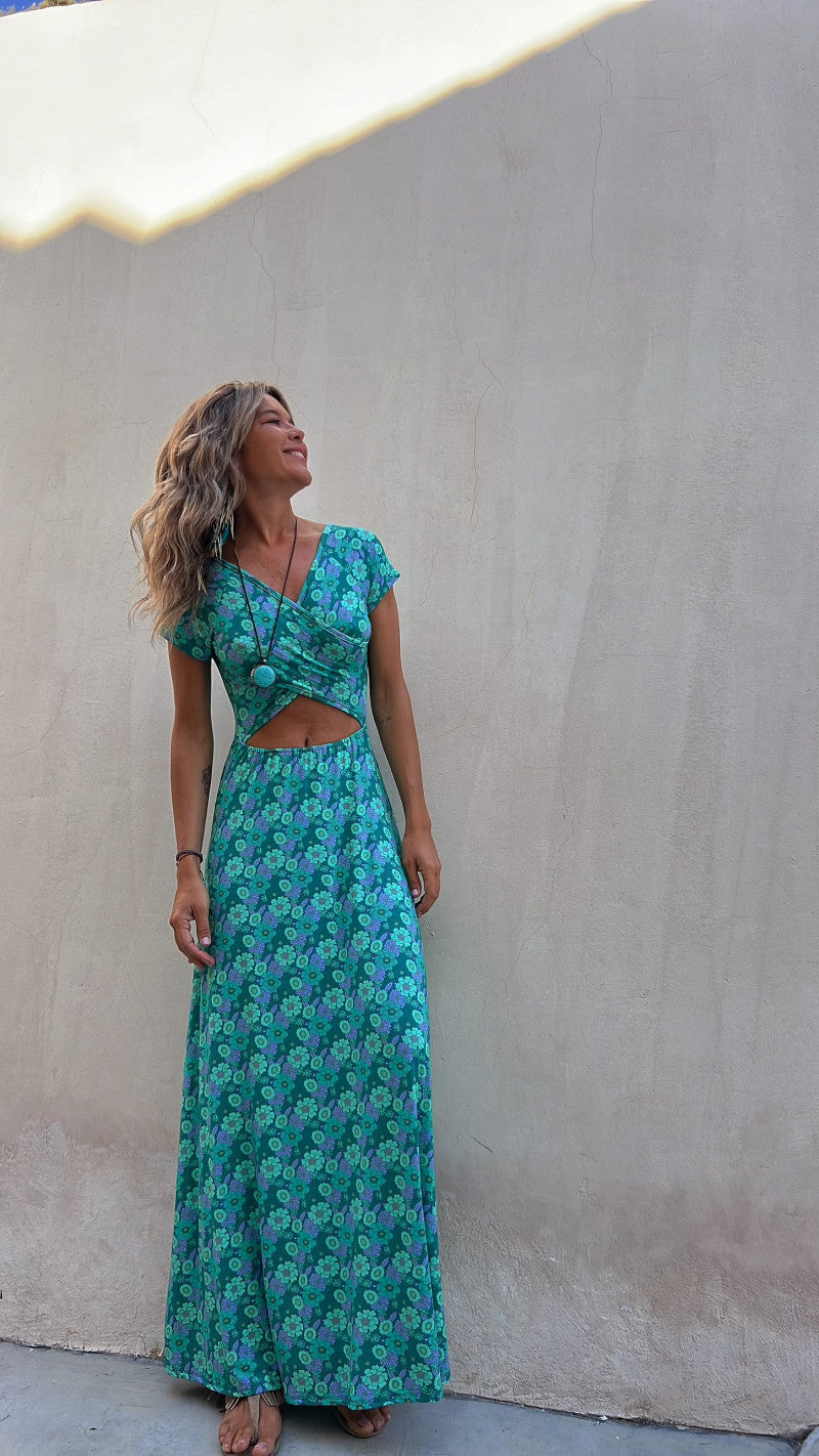 Blue Floral Printed Cut-Outs Maxi Dress