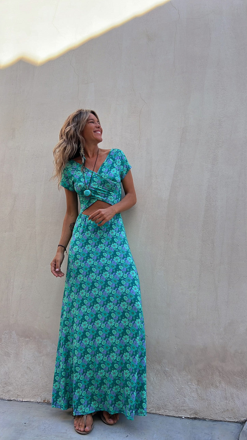 Blue Floral Printed Cut-Outs Maxi Dress
