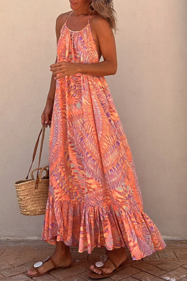 Floral Printed Shoulder Straps Flounce Maxi Dress