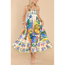 Graphic Printed Flared Linen Fit & Flare Maxi Dress