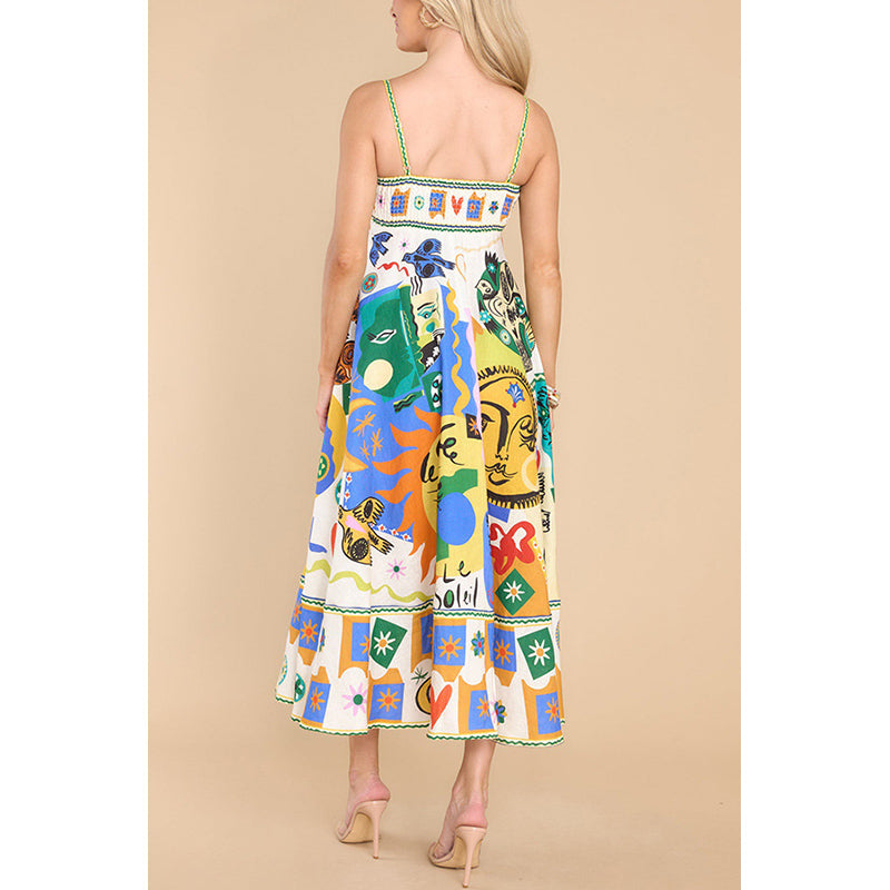 Graphic Printed Flared Linen Fit & Flare Maxi Dress