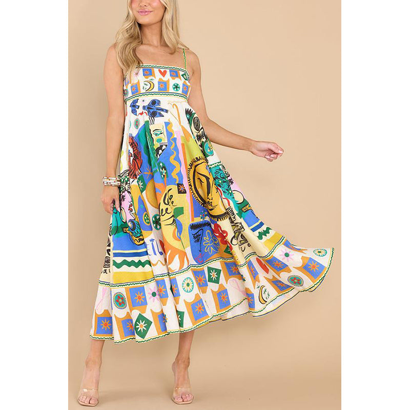 Graphic Printed Flared Linen Fit & Flare Maxi Dress