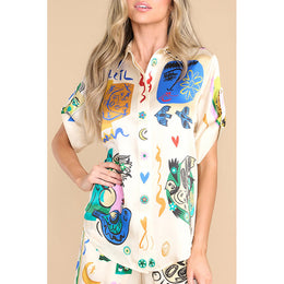 Graphic Printed Linen Shirt Style Top