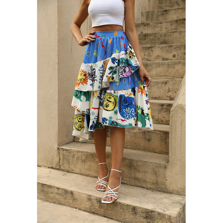 Blue Graphic Printed Layered Flared Midi Skirt