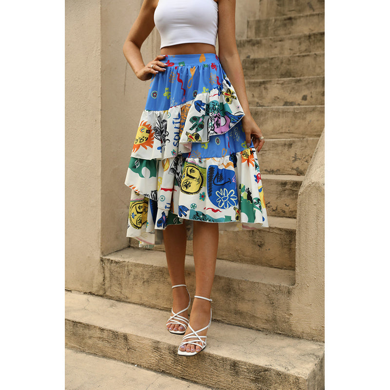 Blue Graphic Printed Layered Flared Midi Skirt