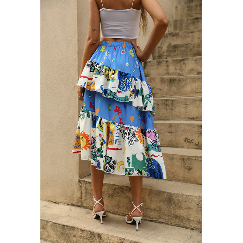 Blue Graphic Printed Layered Flared Midi Skirt