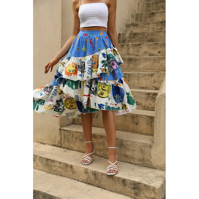 Blue Graphic Printed Layered Flared Midi Skirt