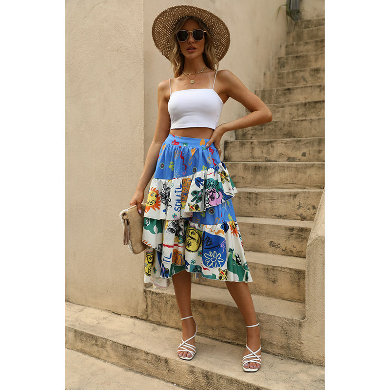 Blue Graphic Printed Layered Flared Midi Skirt