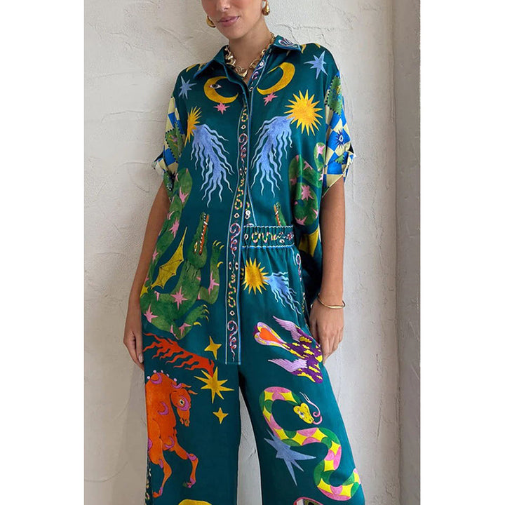 Teal Blue Graphic Printed Shirt Style Top